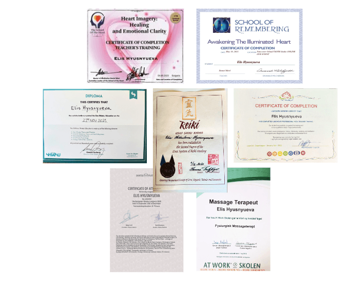 Elis’s certificates in Heart Imagery, Reiki, Yoga and massage therapy